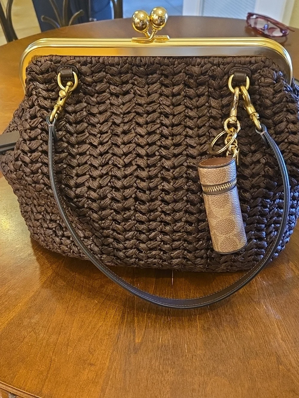 Coach Kisslock Woven Frame-Top Handbag in Dark Brown with Gold Hardware - Picture 1 of 3
